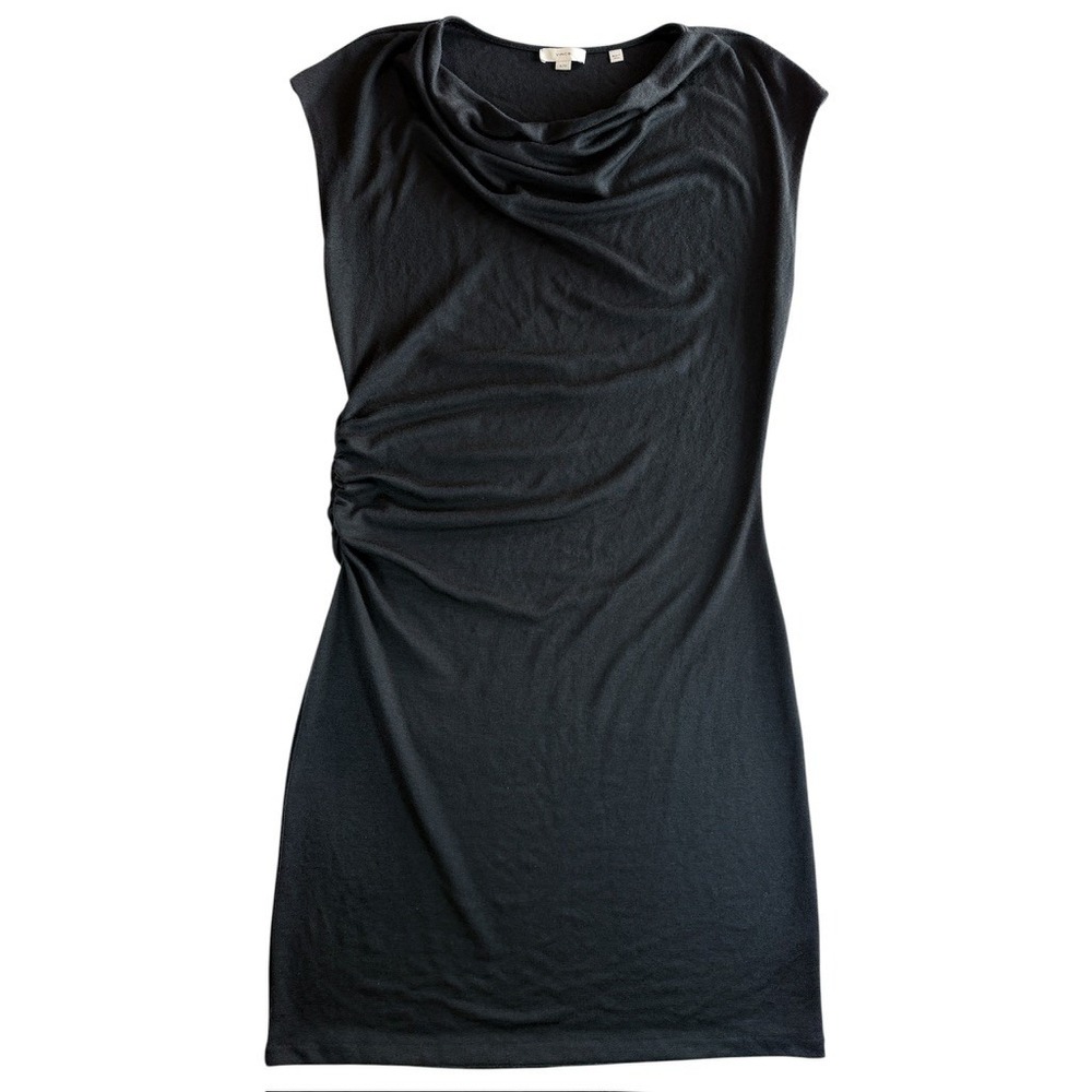 Vince Drape Neck Ruched Jersey Dress Women XL Black Sleeveless Knit